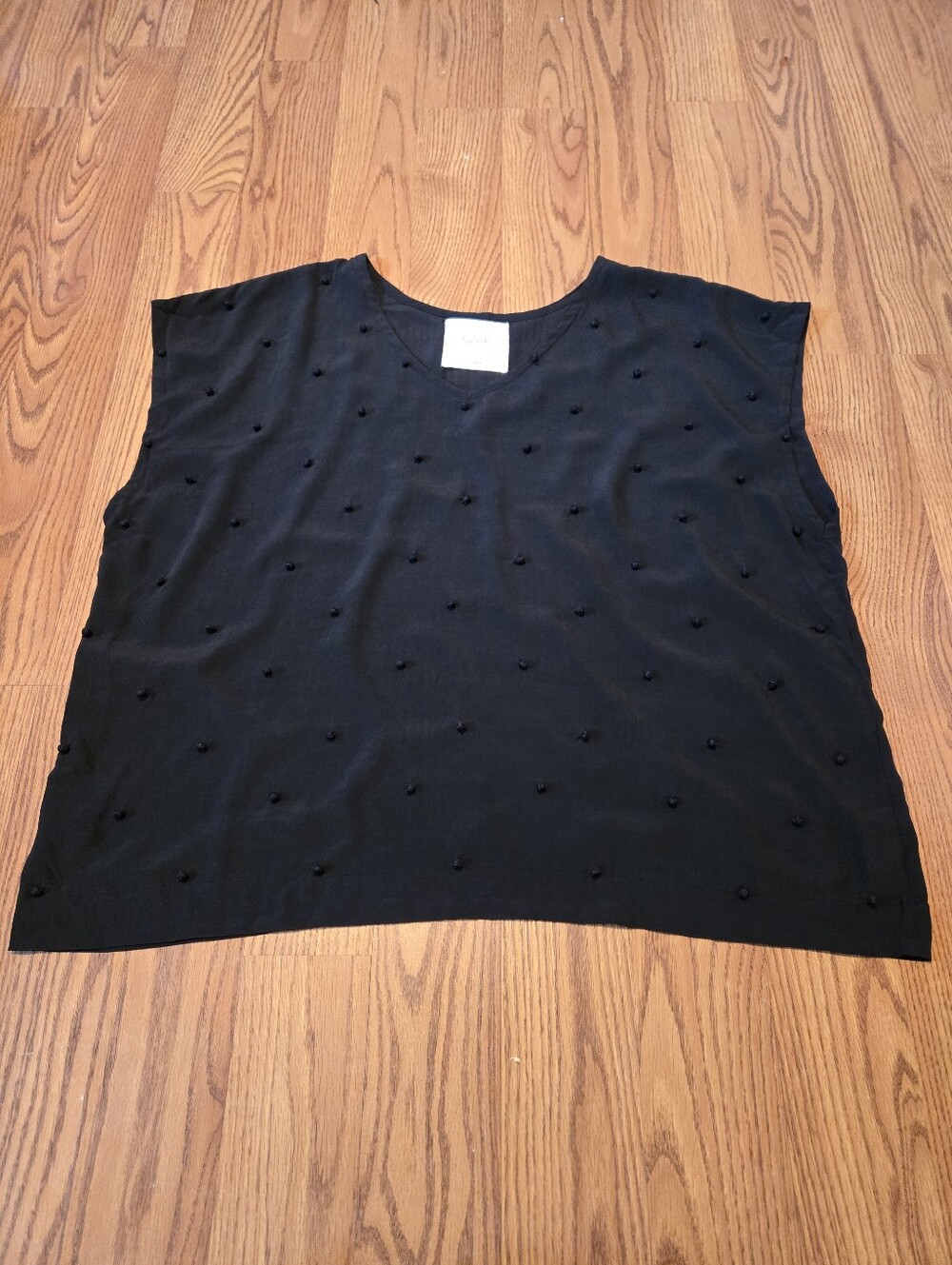 Seek Collective Black Blouse Pom-Pom Sleeveless Top Swiss Dot Oversized Silk M